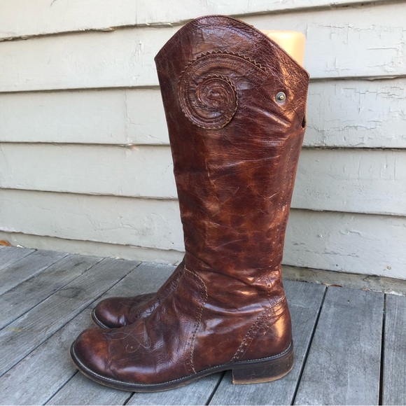 Vintage Italian Brogue Oiled Brown Leather Tall Riding Western Boot Italy 41/11 - Picture 3 of 15